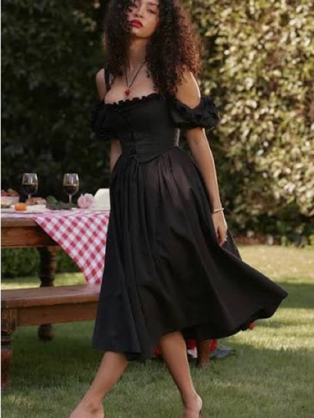 House of CB Black Off-Shoulder Midi Dress with Corset Waist silvana xs gothic